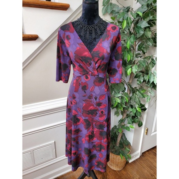 George Women's Purple Floral Polyester V-Neck 3/4 Sleeve Knee Length Dress XL - Picture 13 of 13